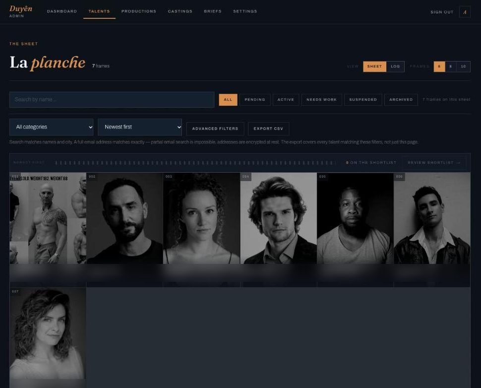 Admin roster, called La planche: search, status filters, category and sort, export, and a contact-sheet grid of actor portraits.