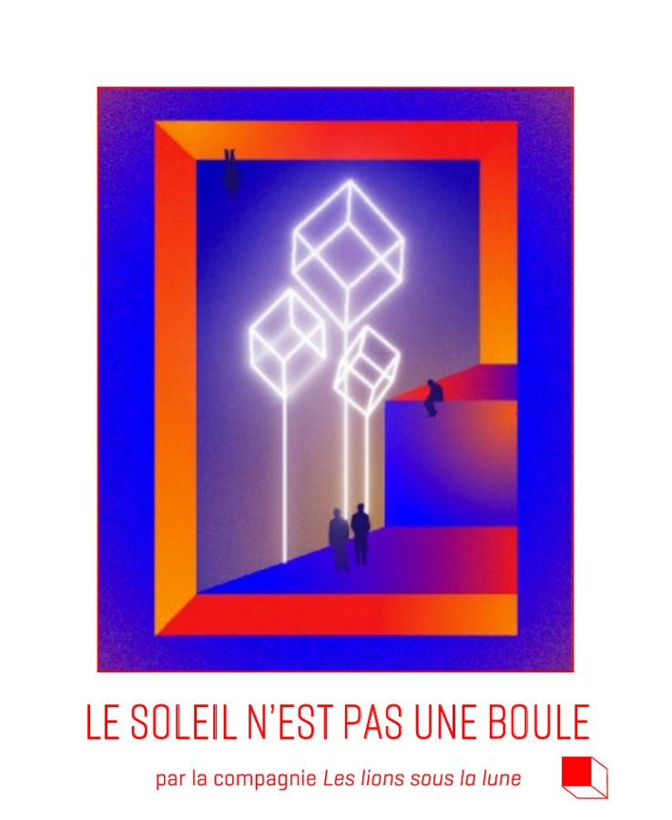 Poster: glowing cube outlines above small figures in a red and blue frame