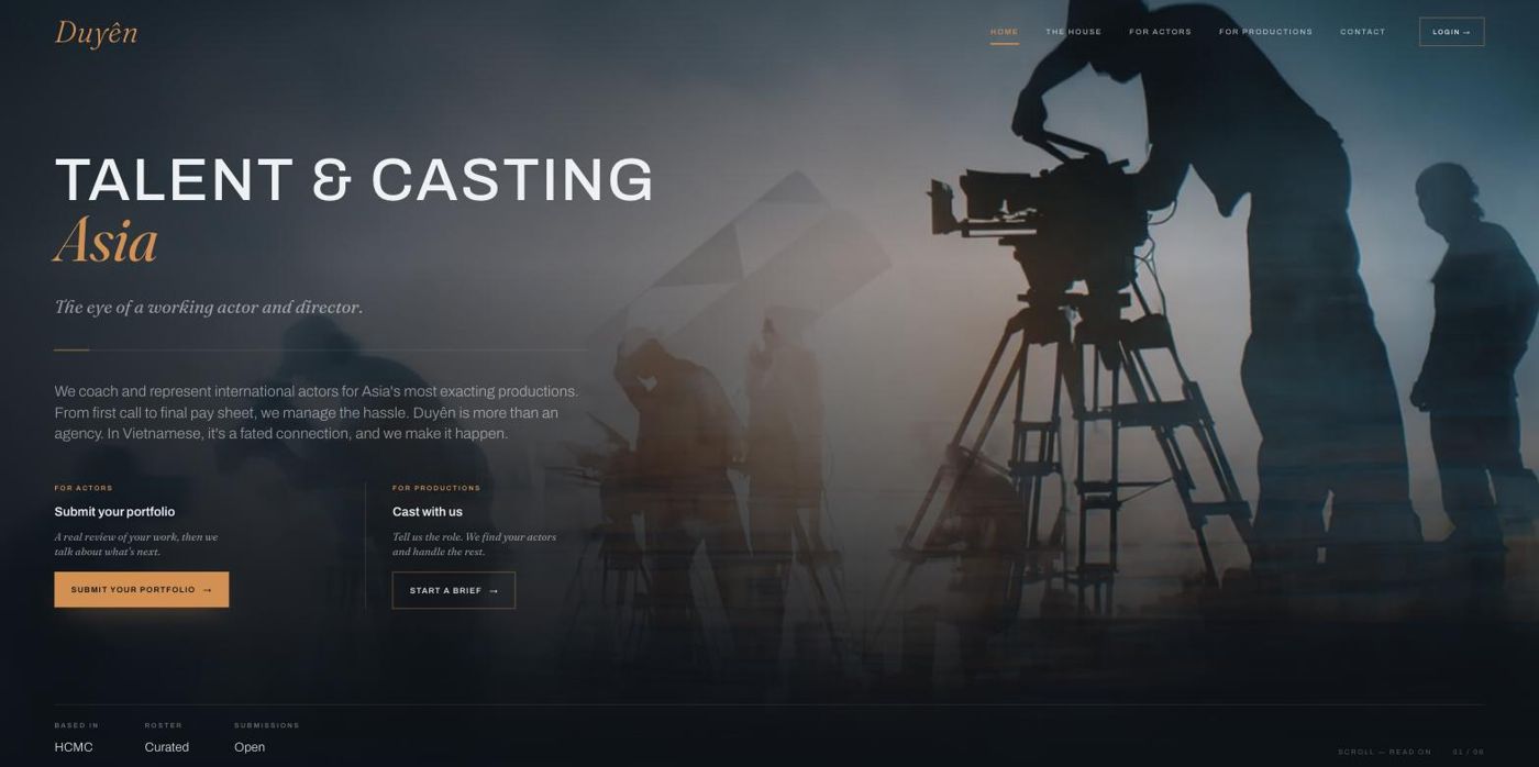 Duyên home page: 'Talent & Casting Asia, the eye of a working actor and director', with two entry points, one for actors and one for productions