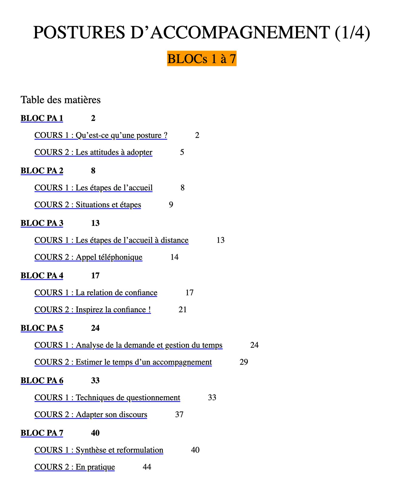 My module: support postures, blocks 1 to 7